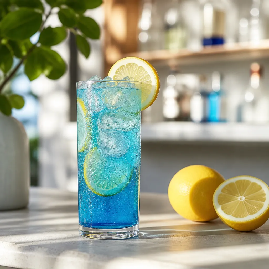 Mocktail bleu lagon avec citron et glace dans un verre highball