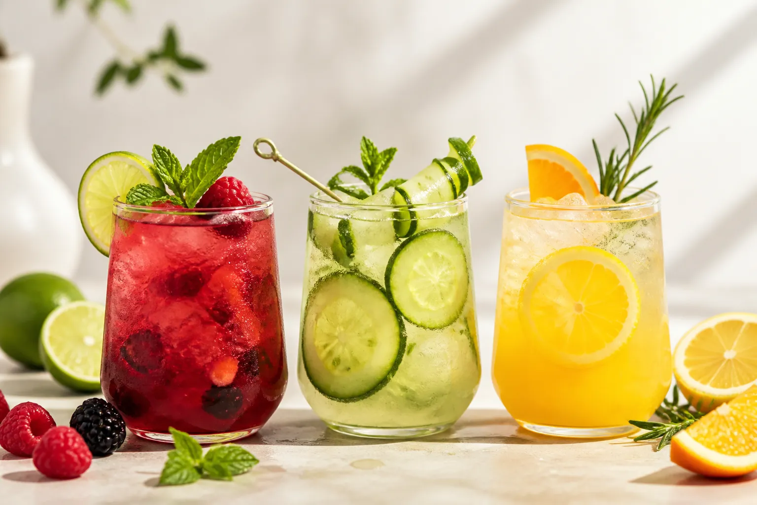 Cocktail sans alcool : trois mocktails colorés aux fruits frais sur un comptoir