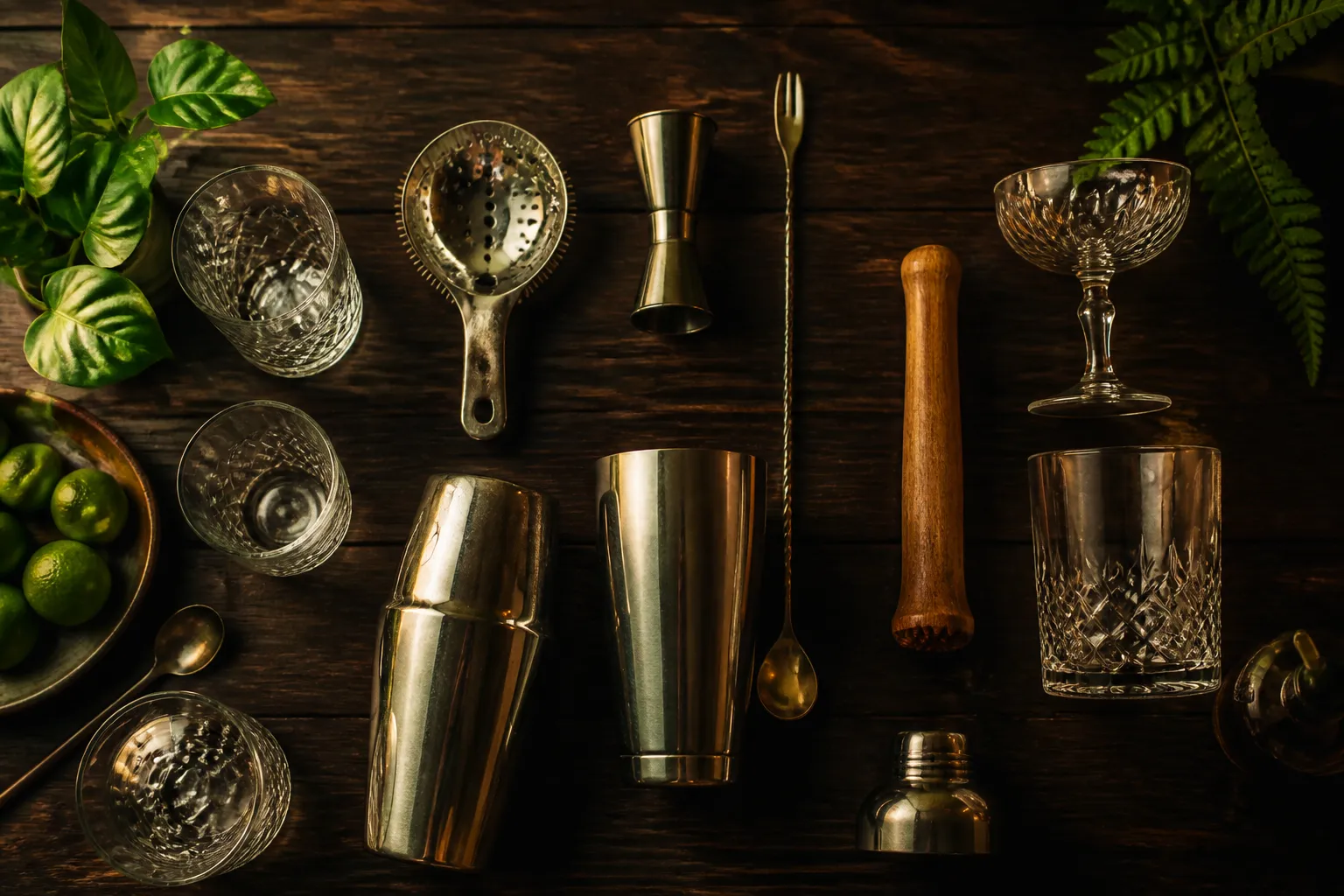 Matériel cocktail complet du barman disposé sur un bar en bois : shaker, jigger, passoire, pilon