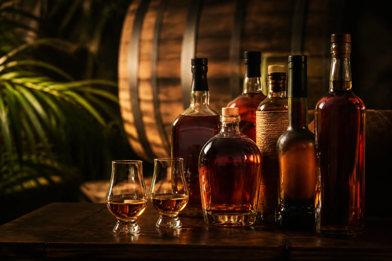 Meilleur rhum : bouteilles et verres de dégustation sur une table en bois devant un fût