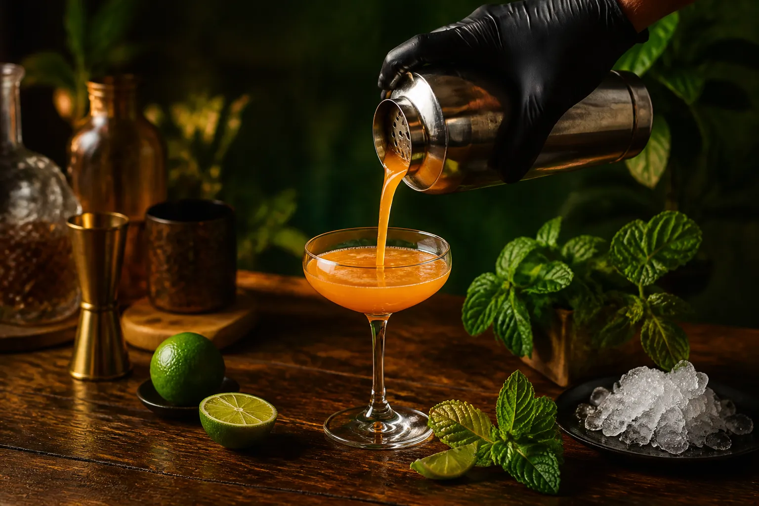 Recette cocktail : préparation d'un cocktail au shaker sur un bar en bois