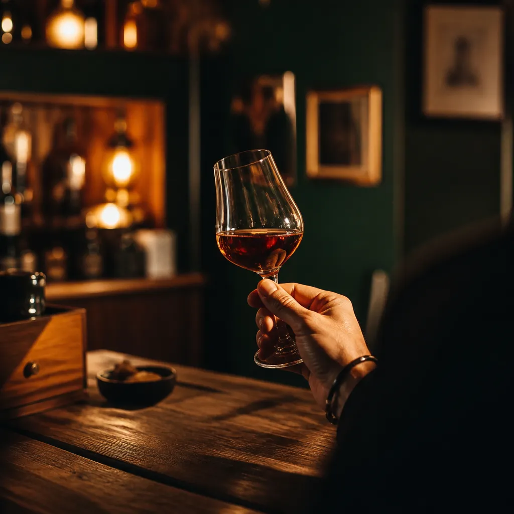 Verre tulipe de rhum vieux à la robe acajou en dégustation