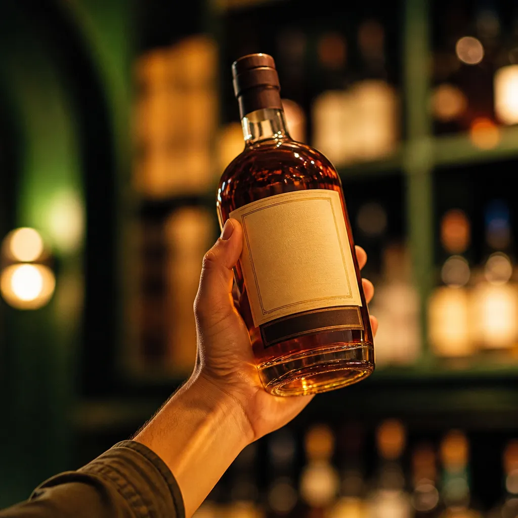 Lecture de l'étiquette d'une bouteille de rhum en cave