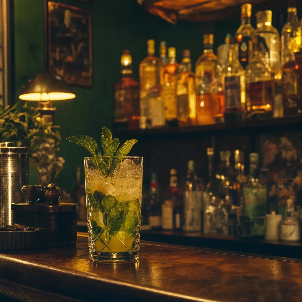 Comptoir de bar à cocktails à la tombée du soir, verre garni de menthe et bouteilles de rhum en arrière-plan