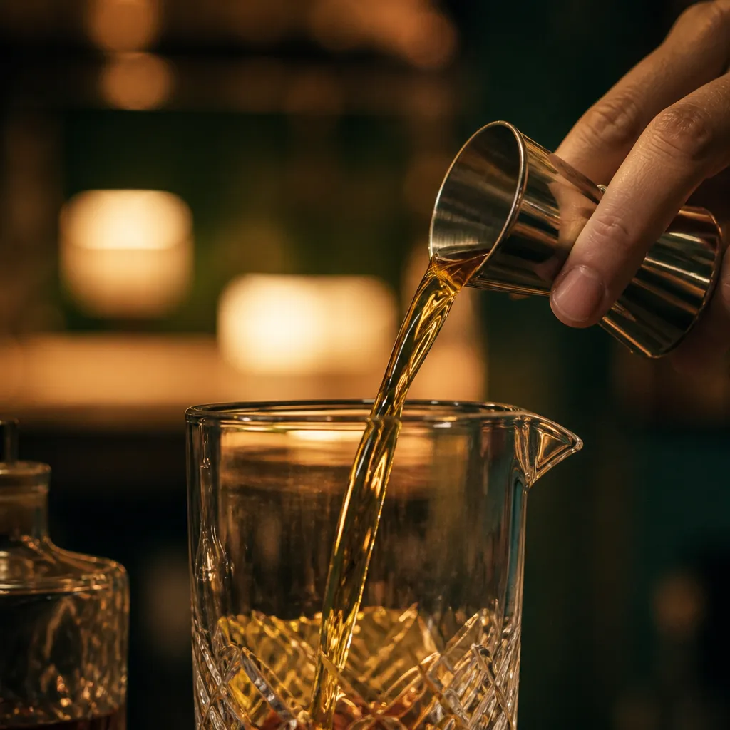 Jigger double en inox versant un liquide dans un verre à mélange