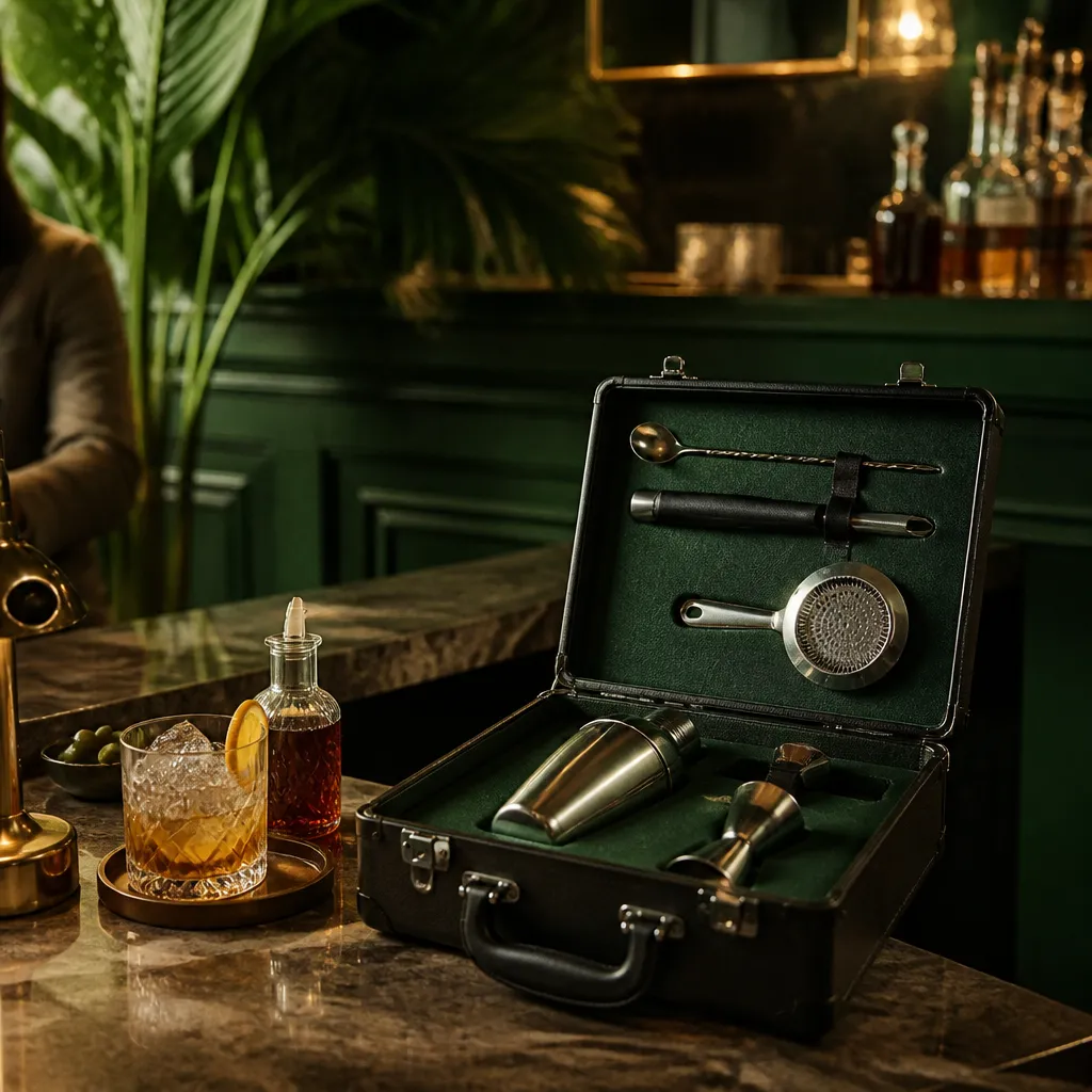 Coffret kit barman ouvert avec shaker, jigger, passoire et pilon
