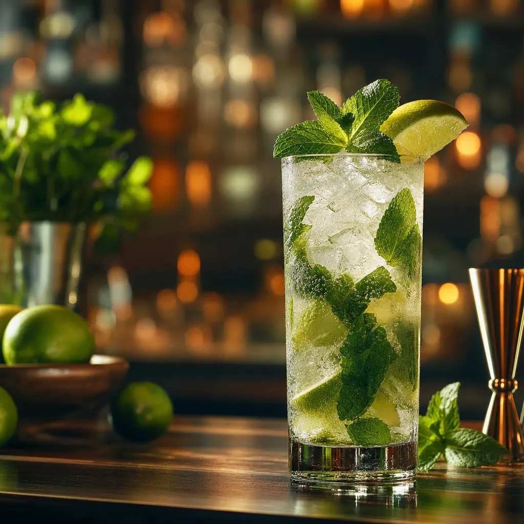 Mojito dans un verre highball avec menthe fraîche, citron vert et glace pilée