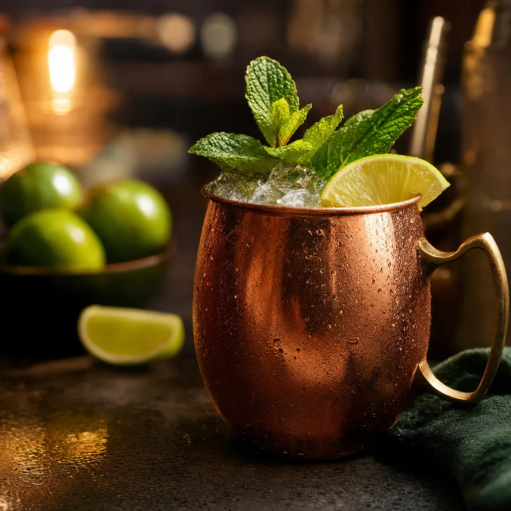 Moscow mule à la vodka et ginger beer servi dans une tasse en cuivre
