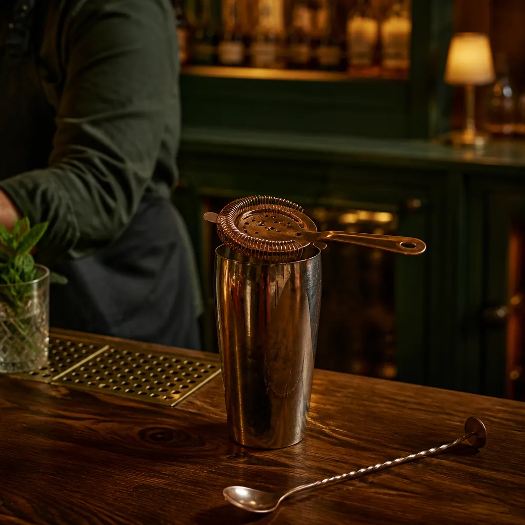 Passoire Hawthorne à ressort posée sur un shaker de bar