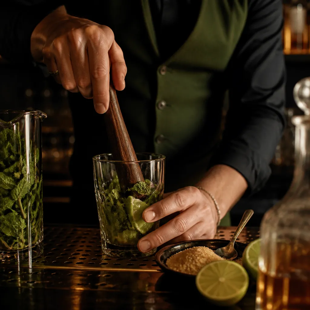 Pilon en bois écrasant menthe et citron vert dans un verre