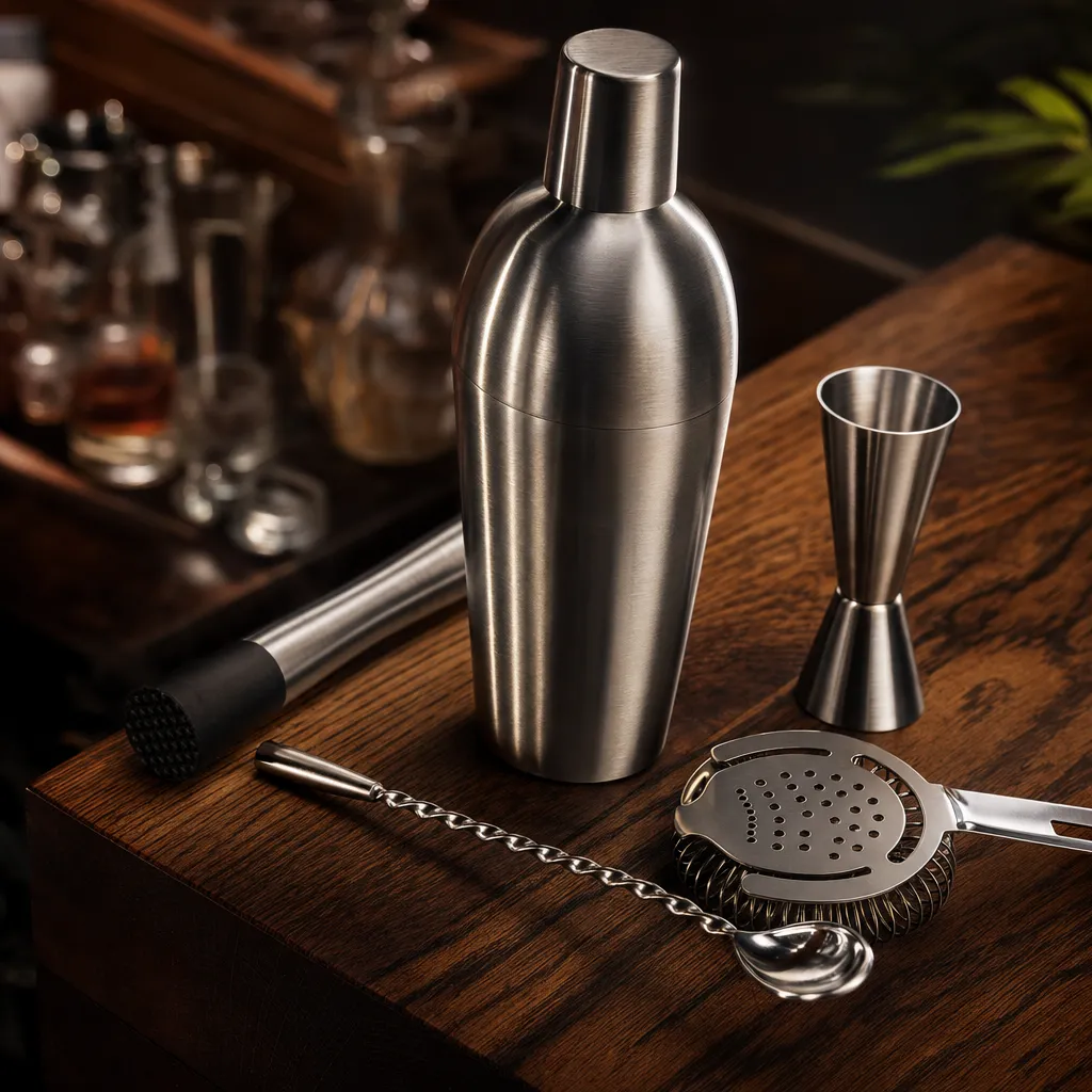 Shaker, jigger et ustensiles de bar posés sur un comptoir en bois