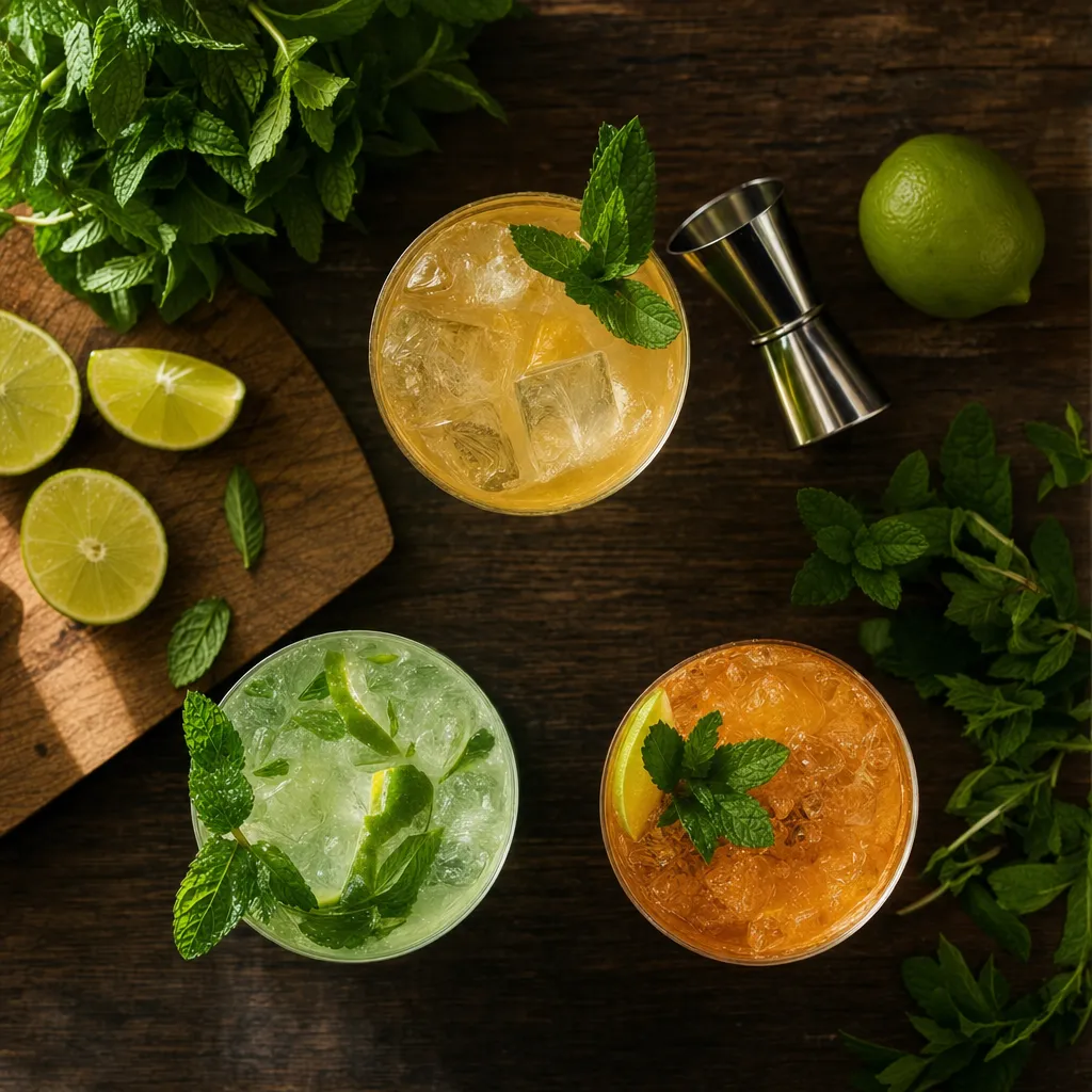 Trois cocktails colorés en préparation sur un plan de travail en bois