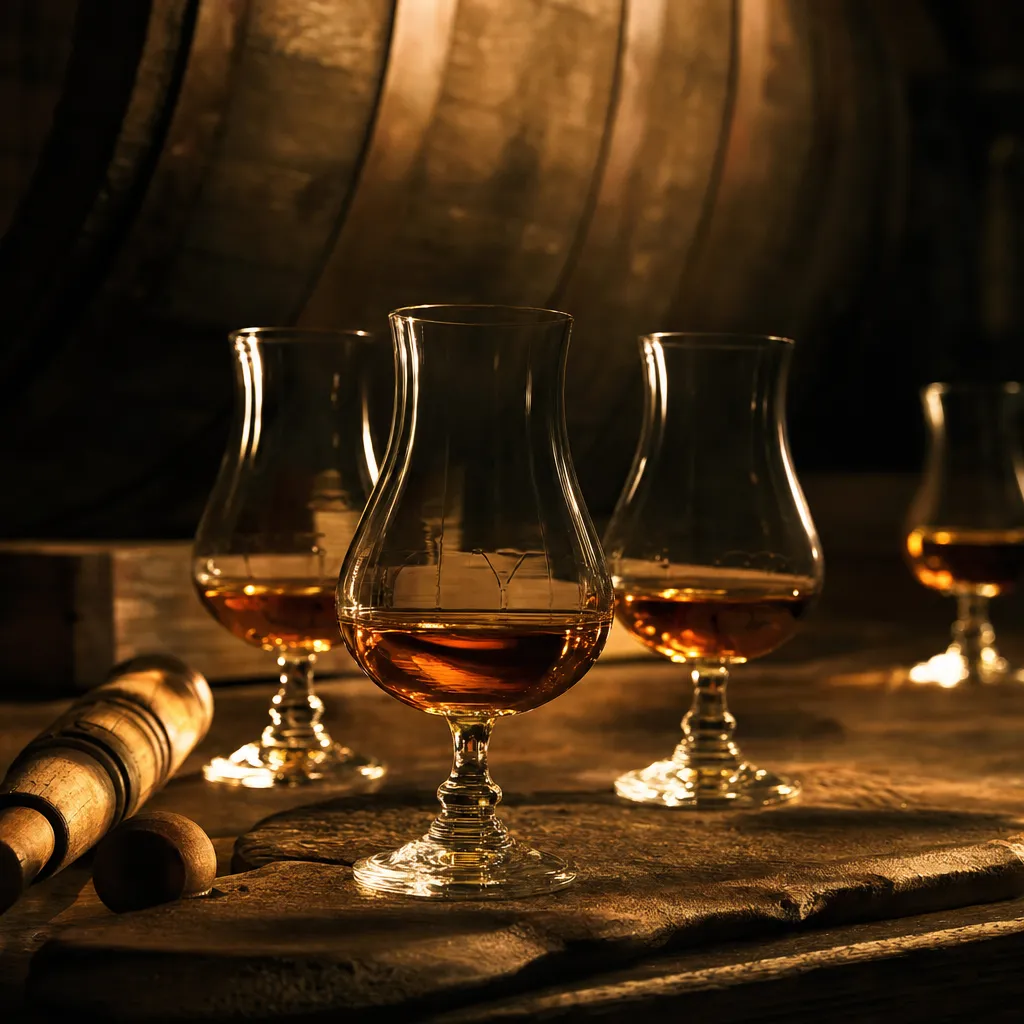 Verres de dégustation de rhum ambré devant un fût de chêne