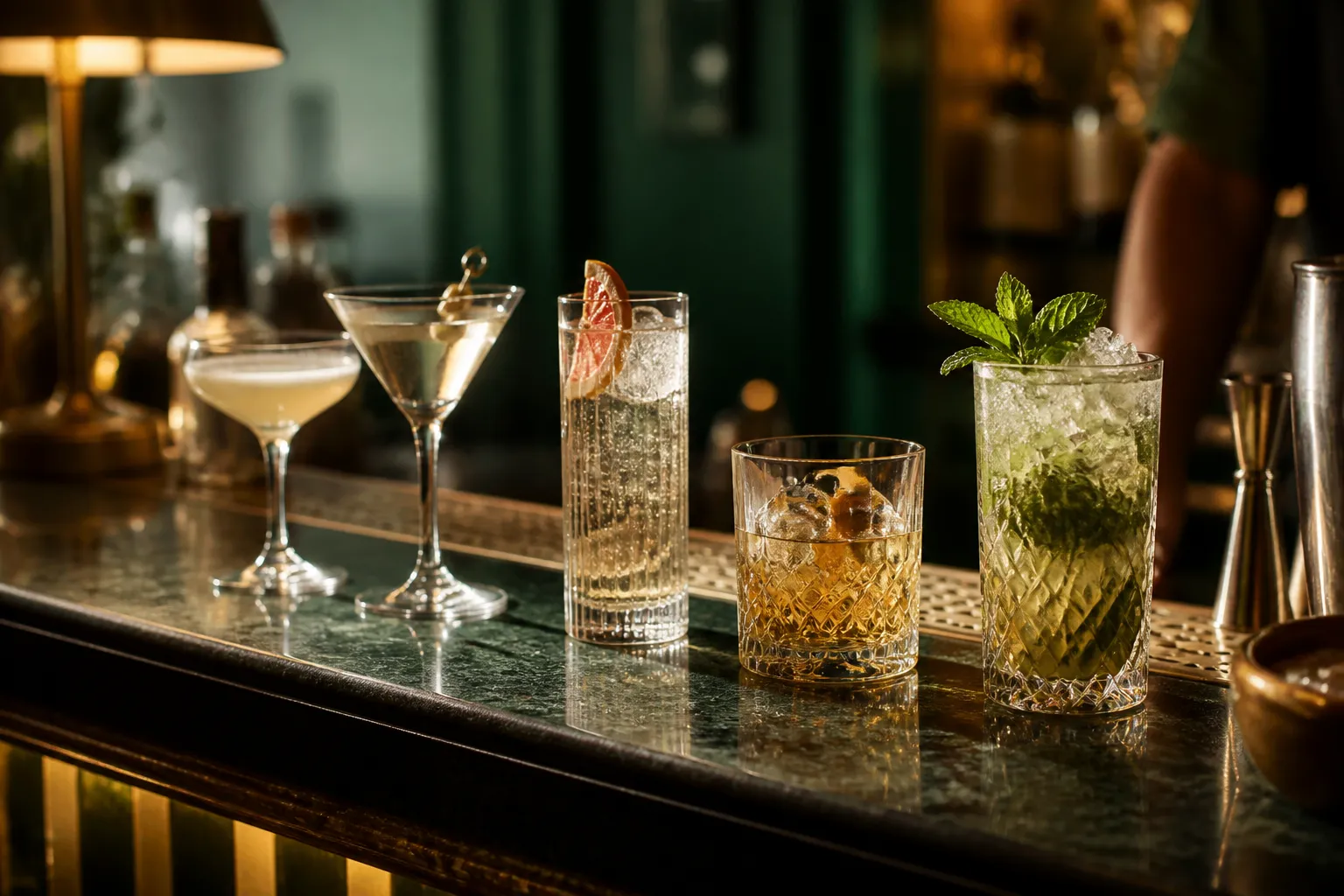 Rangée de verres à cocktail : coupe, martini, highball, old fashioned