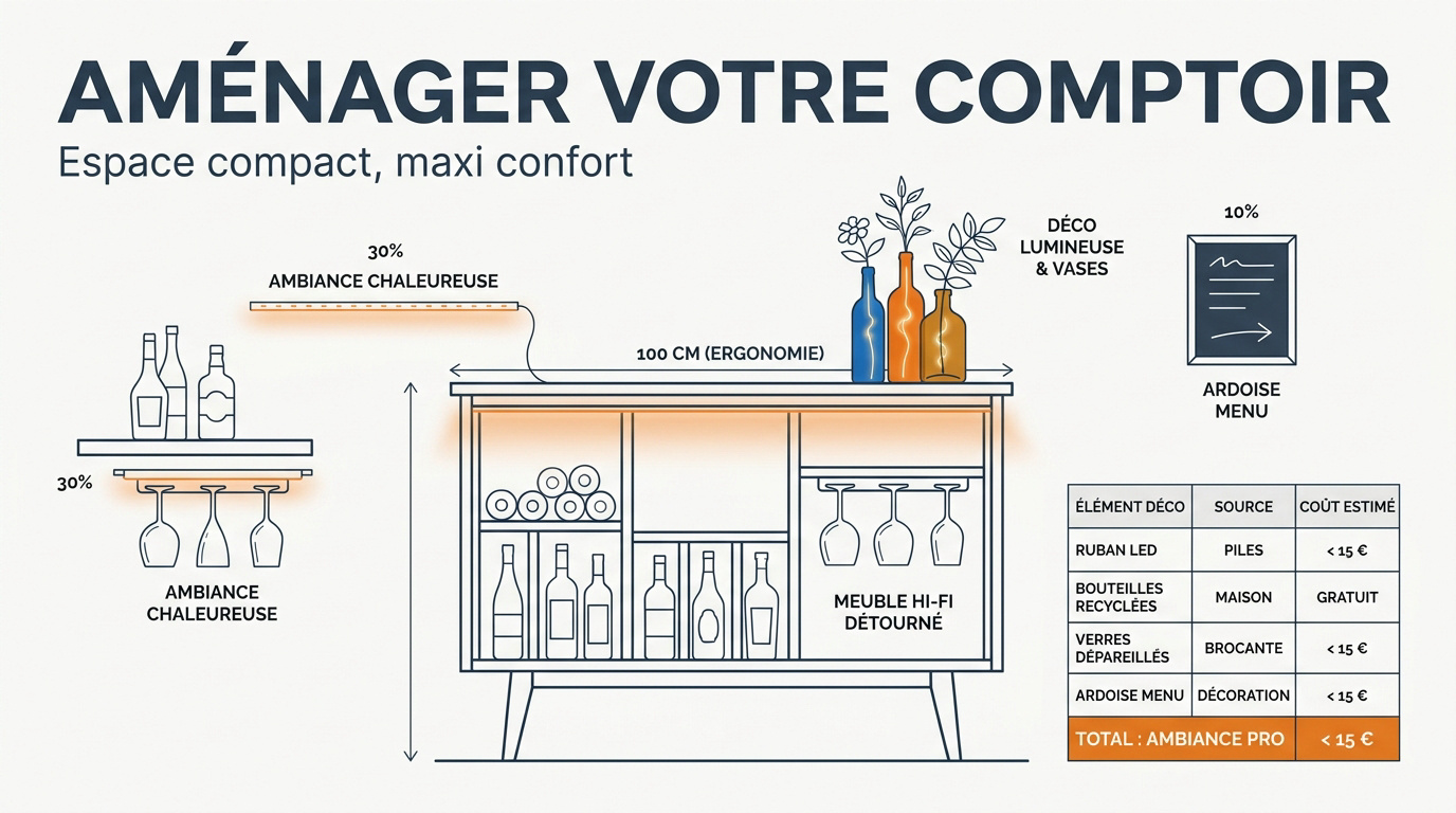 Aménagement d'un coin bar optimisé dans un petit espace avec meuble vintage et éclairage LED
