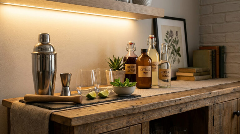Un bar maison élégant sur une console en bois avec shaker, sirops artisanaux et verres, éclairé par une étagère LED.