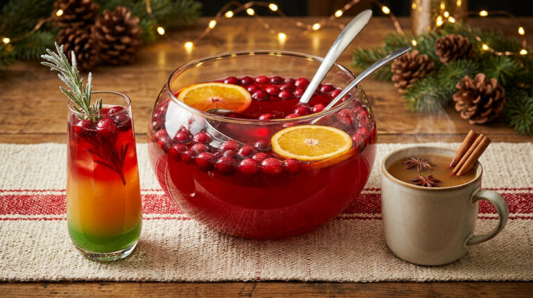 Un bol à punch aux canneberges, un verre dégradé aux fruits et une tasse chaude épicée sur une table de fête.