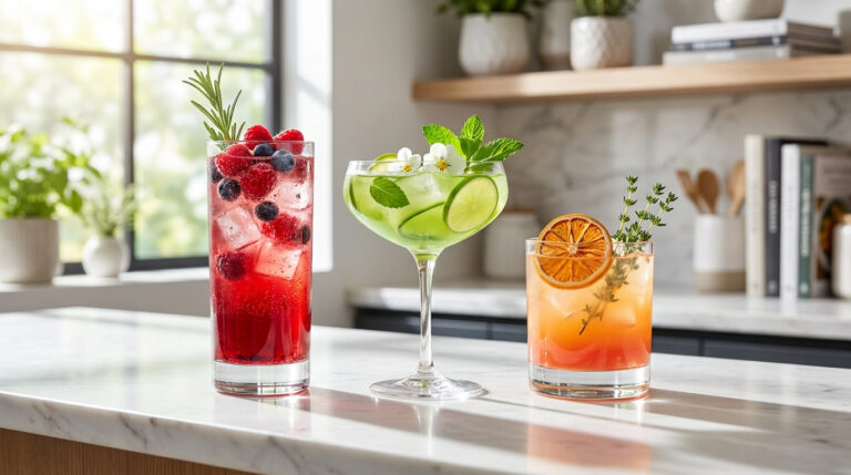 Trois cocktails sans alcool colorés et garnis de fruits et herbes sur un comptoir de cuisine lumineux.