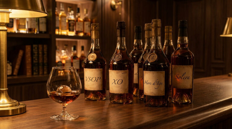 Plusieurs bouteilles de rhum haut de gamme, avec des étiquettes VSOP, XO et Solera, alignées sur un comptoir de bar sombre.