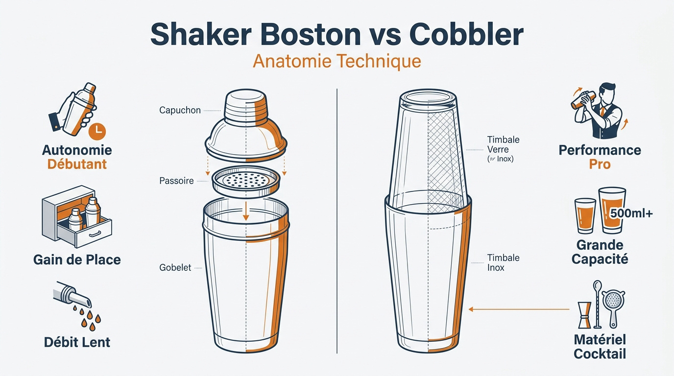 Comparaison visuelle entre un shaker Boston en deux parties et un shaker Cobbler en trois parties