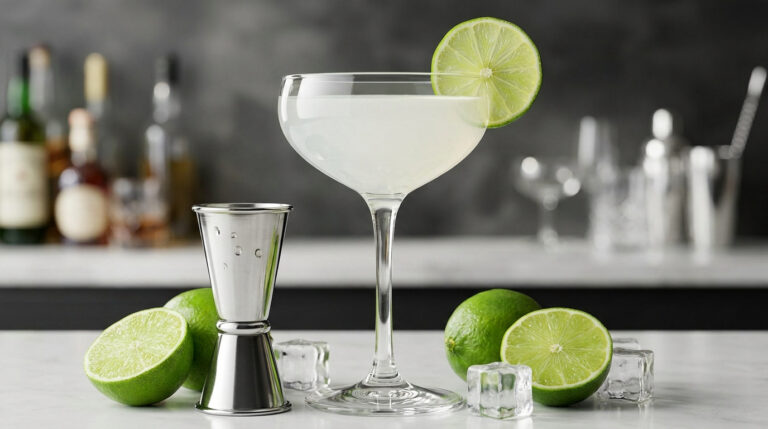 Un daiquiri classique dans une coupe ornée d'une tranche de citron vert, avec un doseur et des citrons frais.
