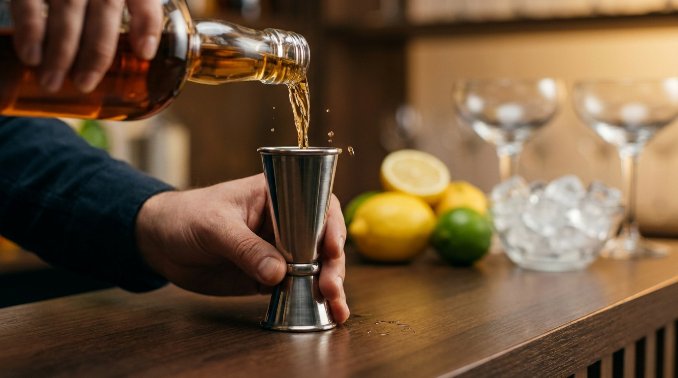 Un barman verse un alcool ambré dans un jigger en inox sur un comptoir avec des citrons et des glaçons en arrière-plan.