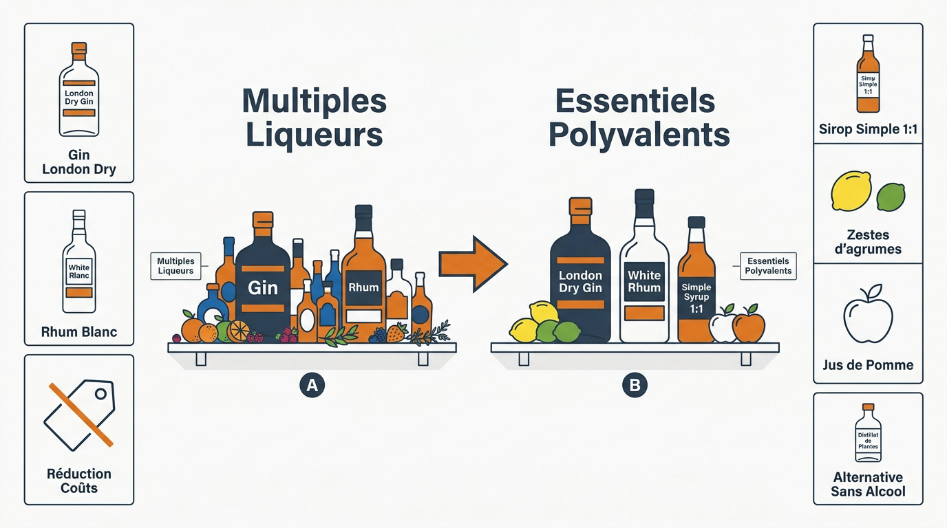 Sélection de bouteilles essentielles et verres pour un bar maison économique