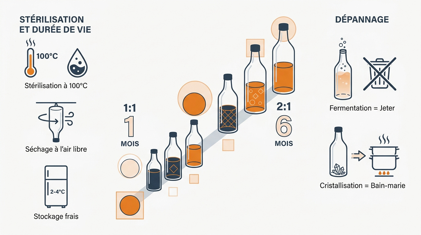 Guide visuel pour la conservation et le dépannage des sirops de sucre maison