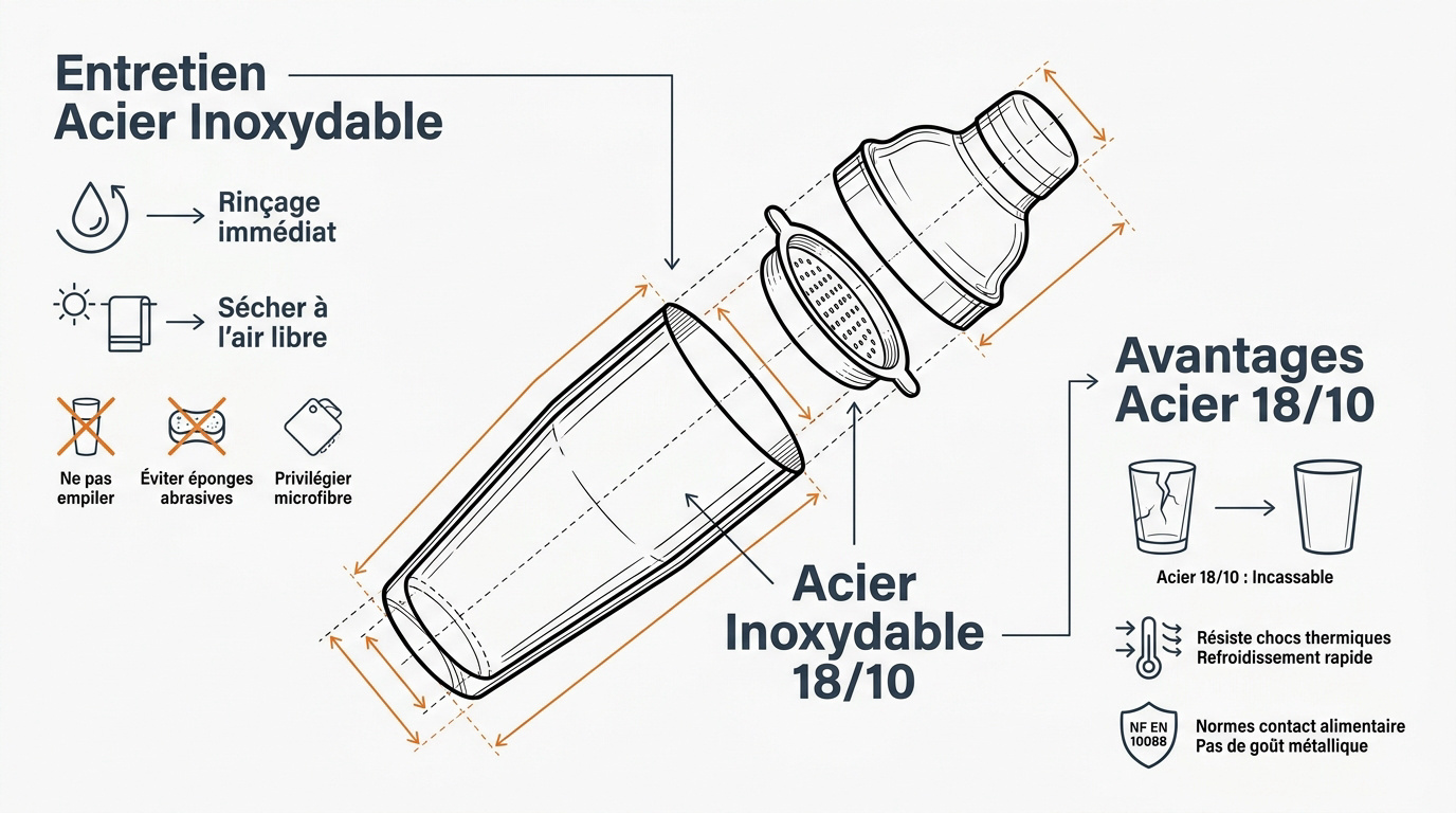 Infographie sur l'entretien et les avantages de l'acier inoxydable 18/10 pour shaker