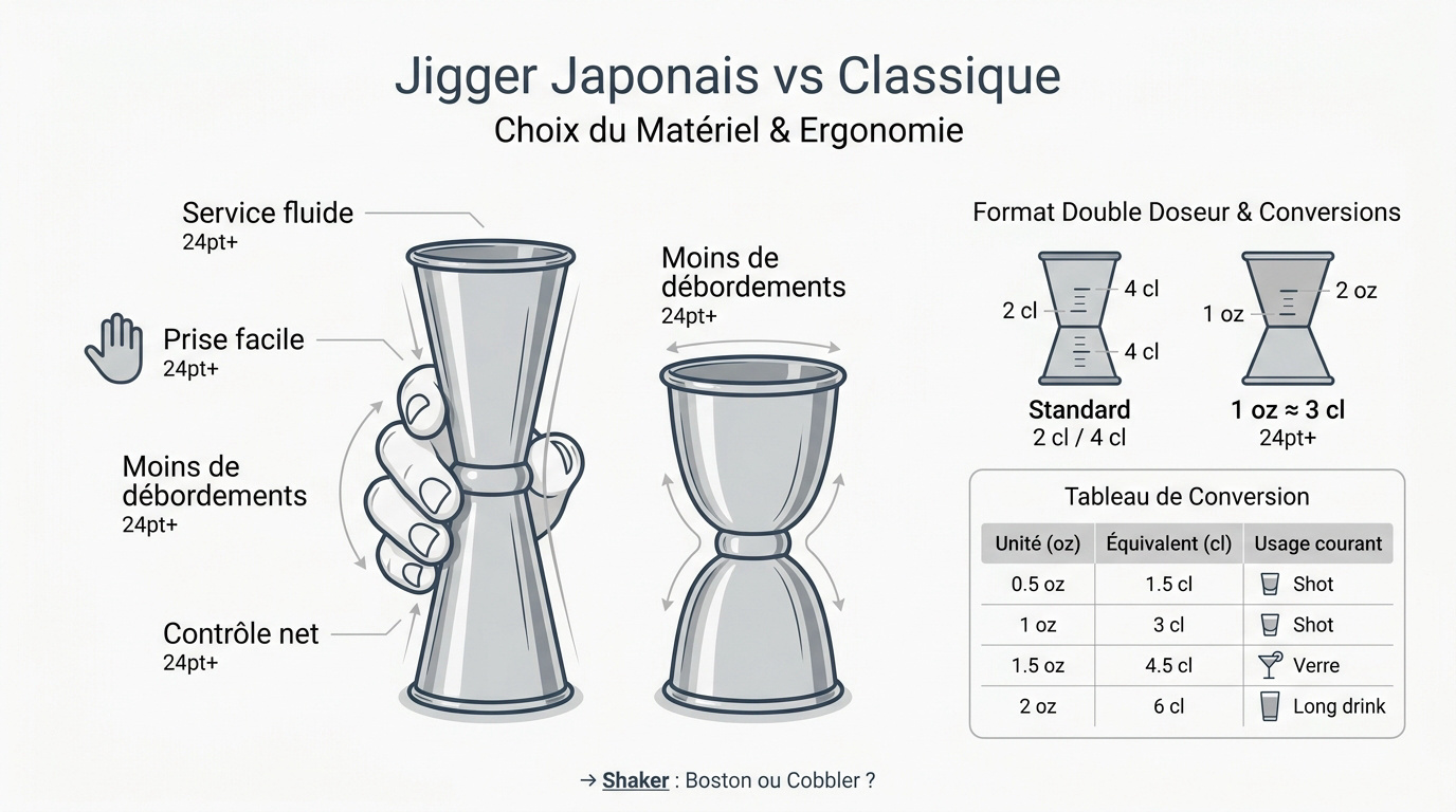 Comparaison entre un jigger japonais élancé et un doseur classique en acier inoxydable