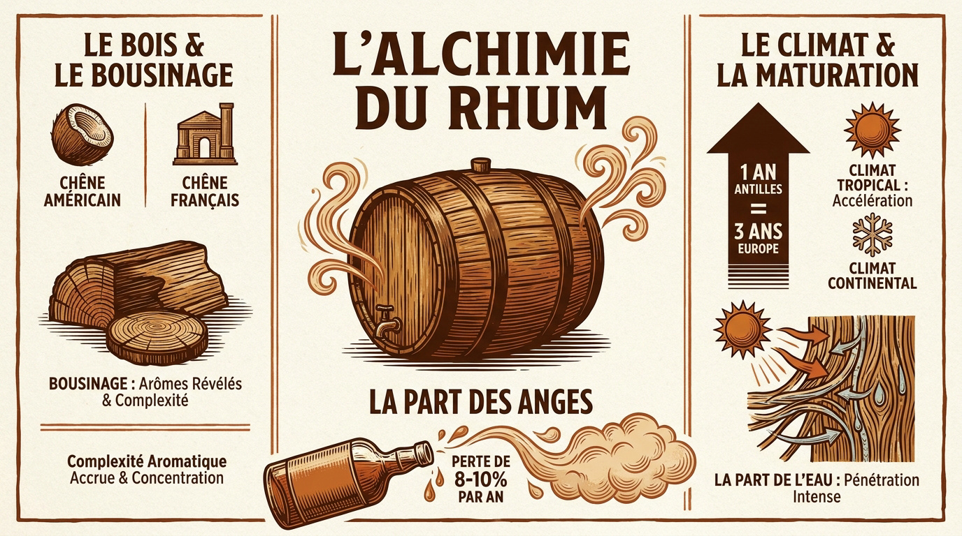 Fûts de chêne en vieillissement dans un chai tropical pour rhum VSOP et XO