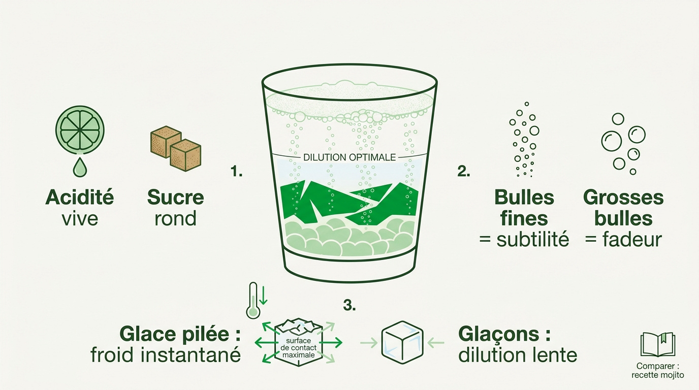 Préparation d'un Virgin Mojito avec glace pilée et menthe fraîche