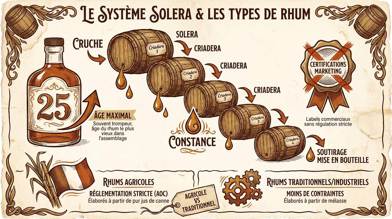 Schéma du système de vieillissement solera avec empilement de fûts de chêne