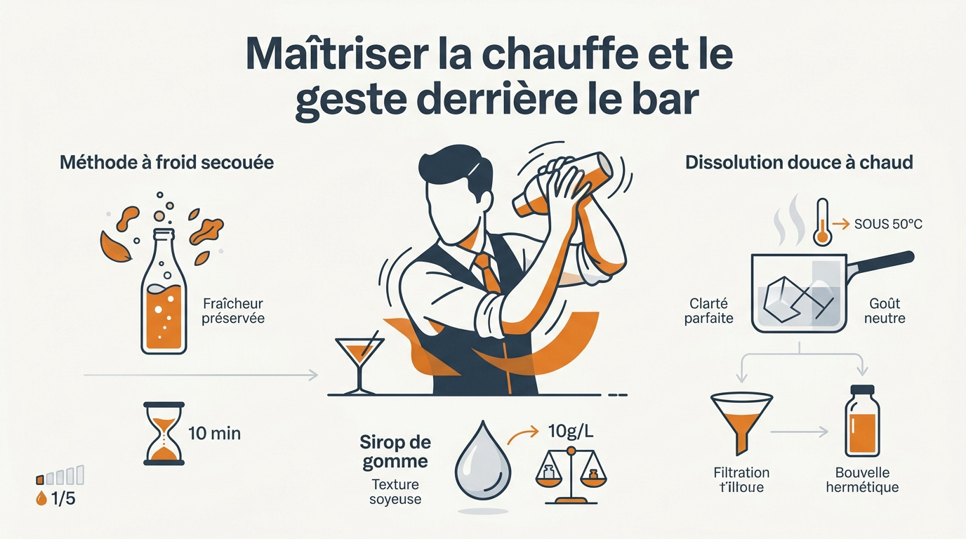 Barman préparant un sirop de sucre maison avec précision derrière son comptoir