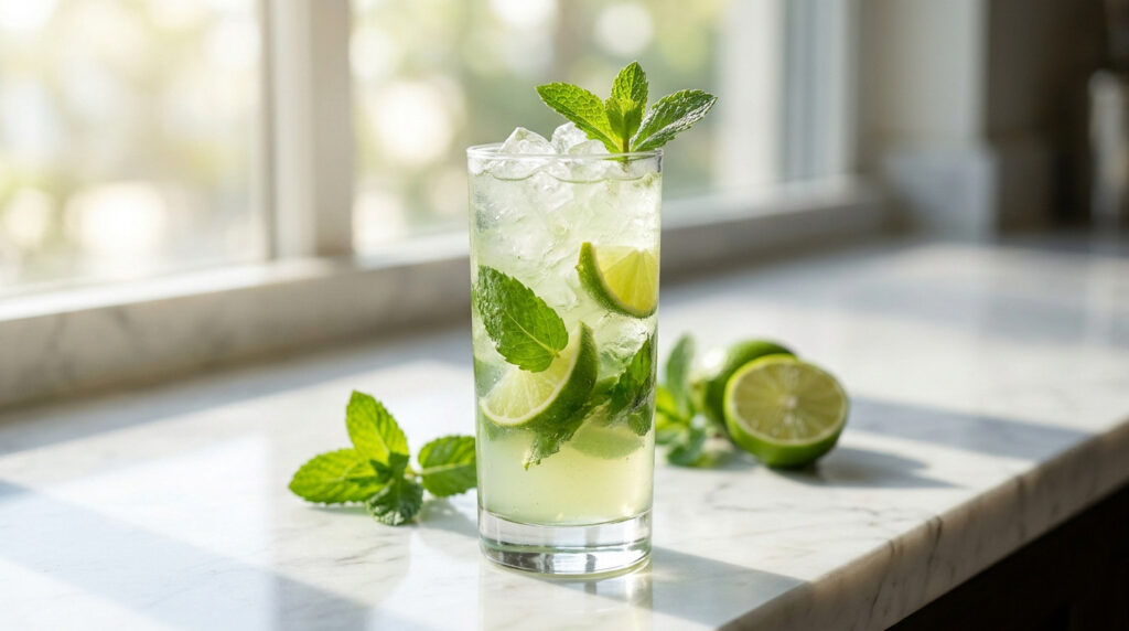 Un verre de Virgin Mojito avec de la menthe fraîche et du citron vert posé sur un comptoir en marbre.