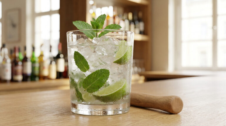 Un verre de mojito frais avec de la menthe, du citron vert et de la glace pilée sur un comptoir en bois.