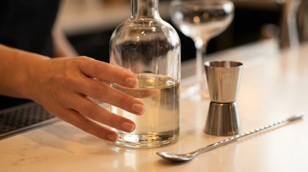 Main d'un barman saisissant une bouteille de sirop de sucre sur un comptoir avec un jigger et une cuillère.