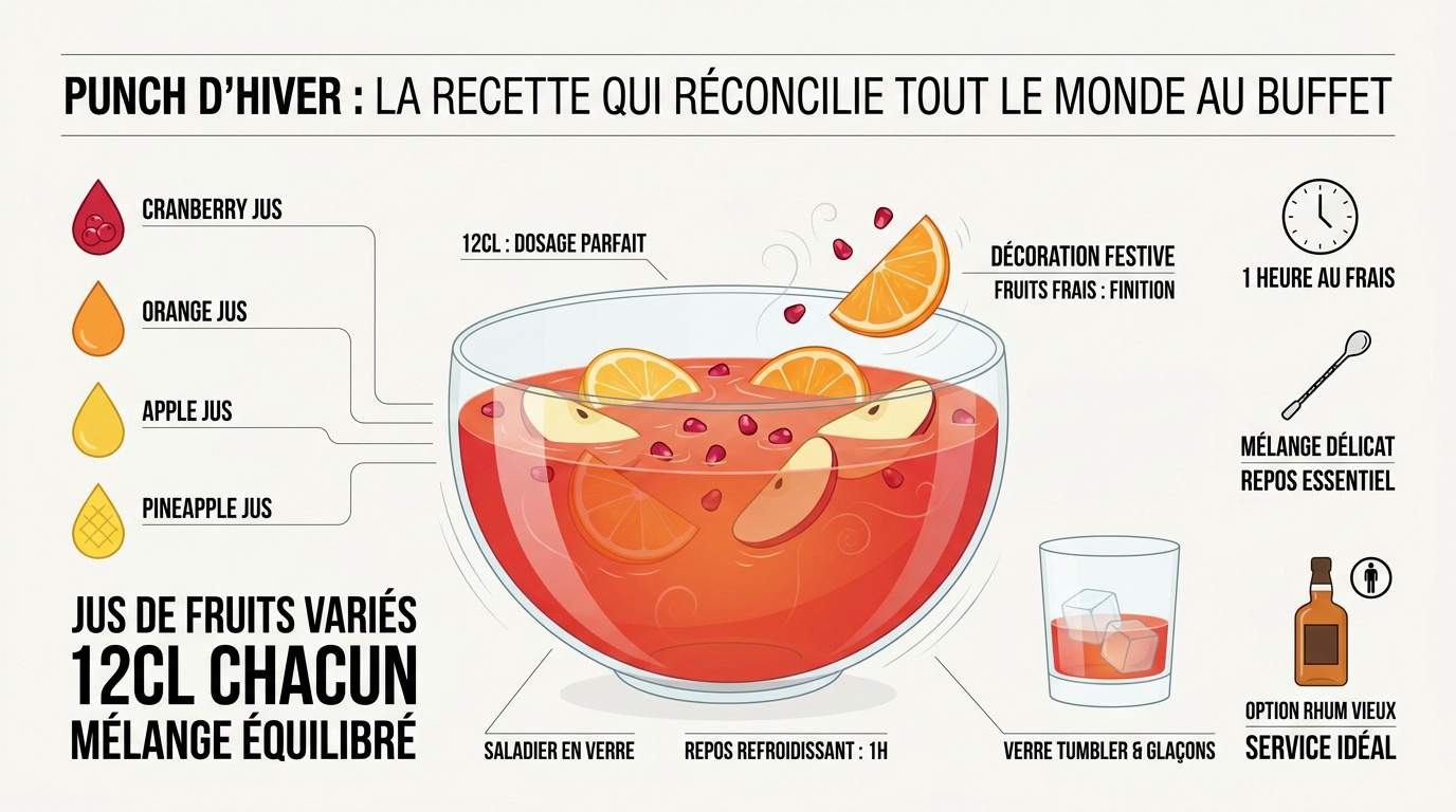Punch d'hiver aux fruits frais servi dans un grand saladier en verre