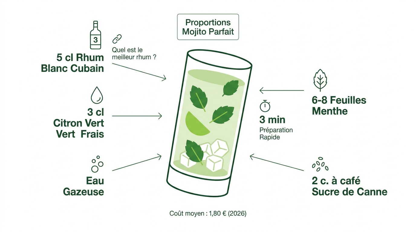 Préparation d'un mojito traditionnel avec menthe fraîche et glace pilée dans un verre highball