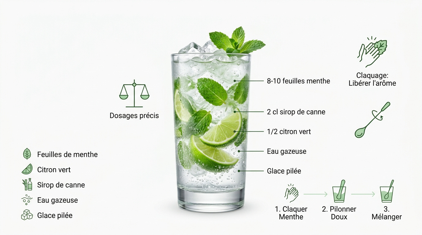 Virgin mojito frais avec menthe et glace pilée dans un verre highball