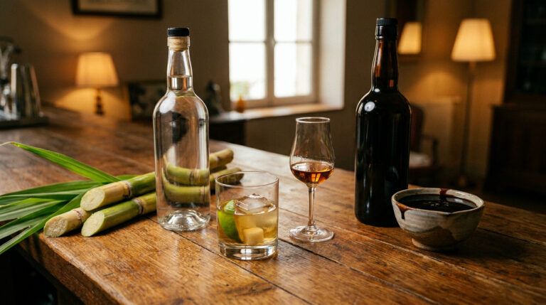 Bouteilles de rhum, canne à sucre et mélasse sur une table en bois, illustrant la différence entre rhum agricole et traditionnel.