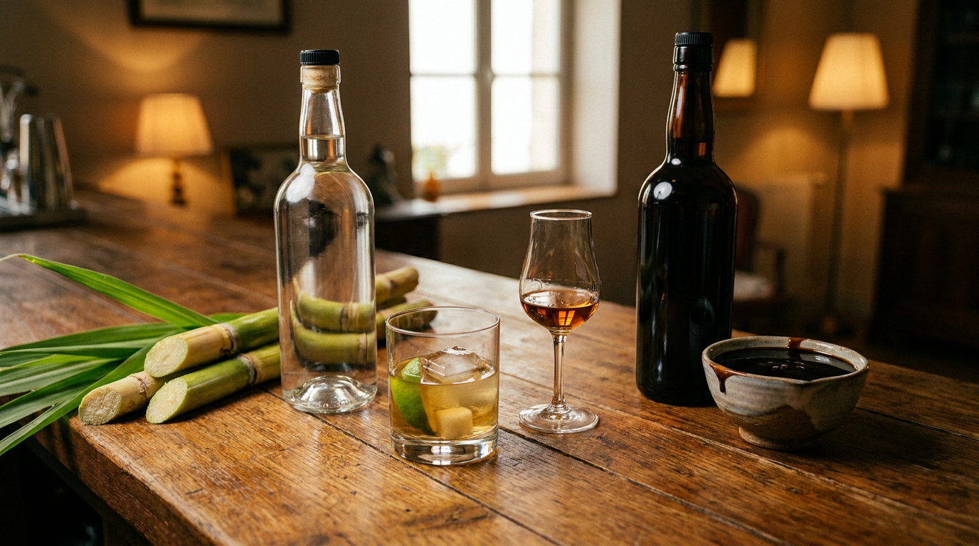 Bouteilles de rhum, canne à sucre et mélasse sur une table en bois, illustrant la différence entre rhum agricole et traditionnel.