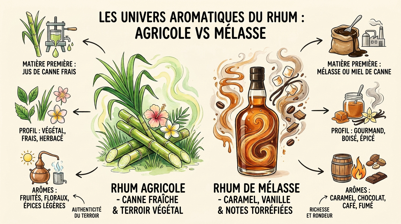 Comparaison visuelle entre les univers aromatiques du rhum agricole et du rhum de mélasse