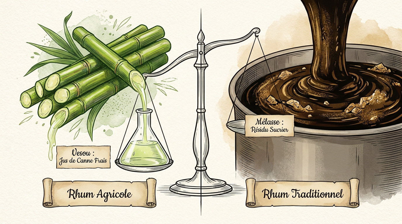 Comparaison visuelle entre la canne à sucre fraîche et la mélasse sombre pour la fabrication du rhum
