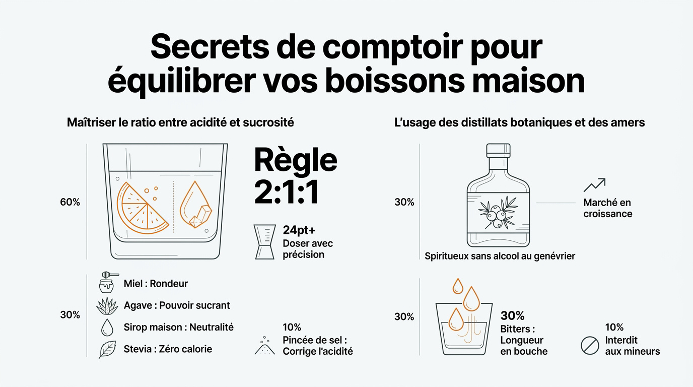 Préparation d'un mocktail équilibré au comptoir avec jigger et agrumes frais