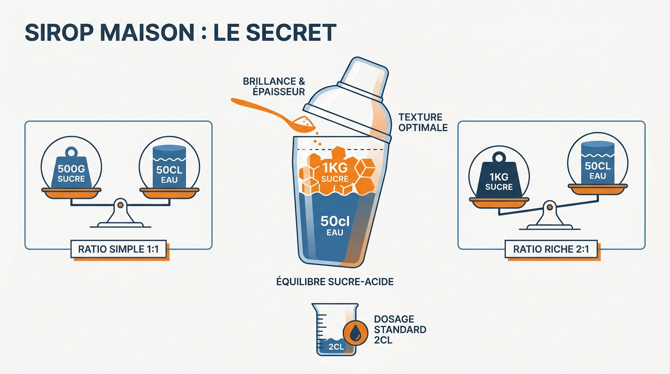 Préparation de sirop de sucre maison et dosage précis pour cocktails au shaker