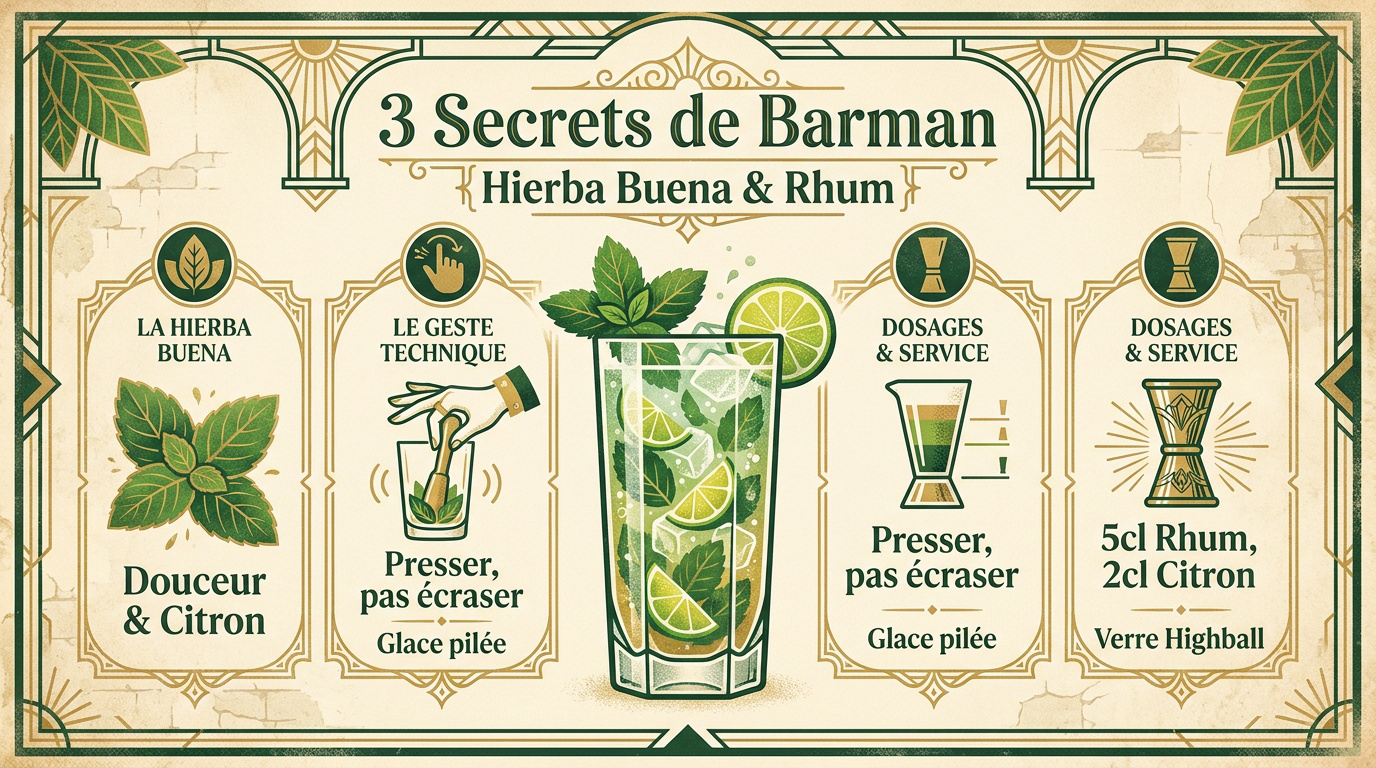 Préparation professionnelle d'un mojito avec de la hierba buena et du rhum cubain