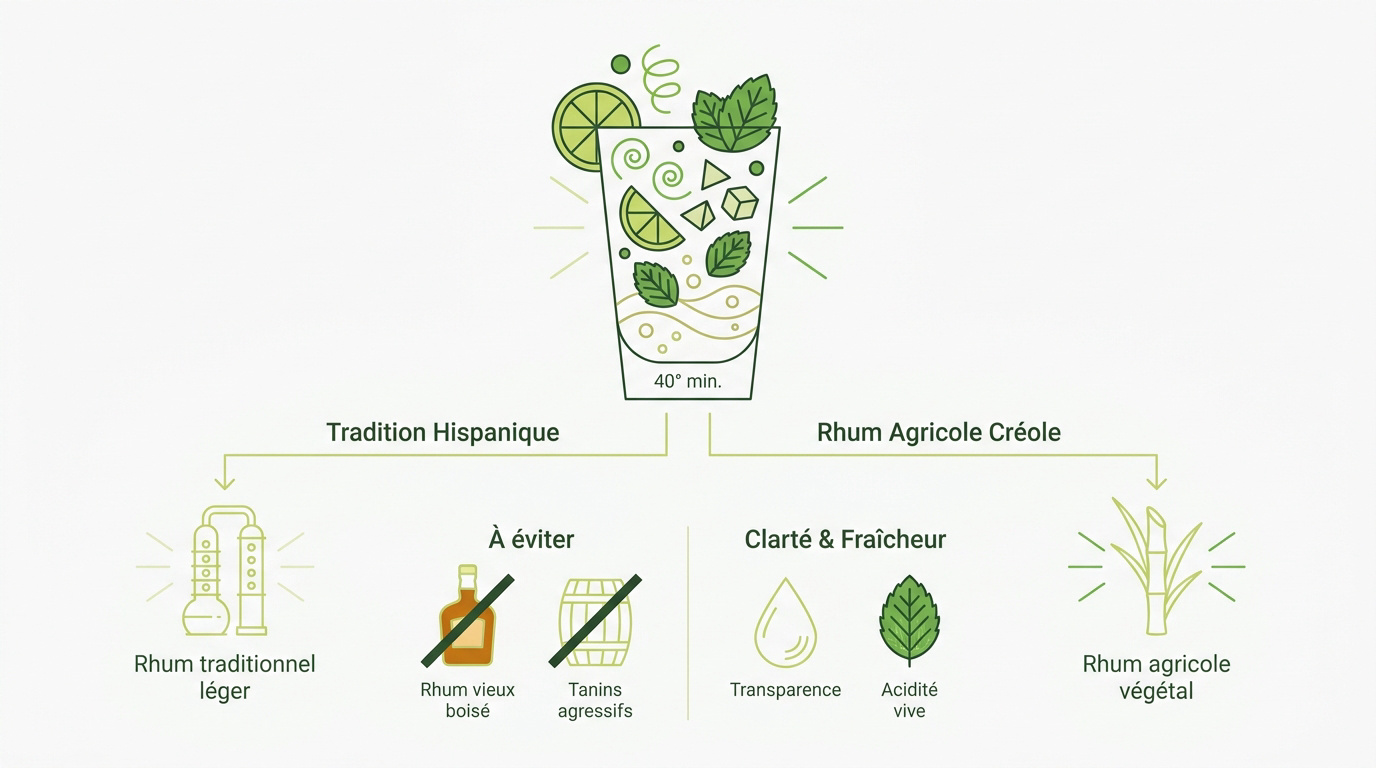Sélection de bouteilles de rhum blanc et ambré pour cocktail mojito