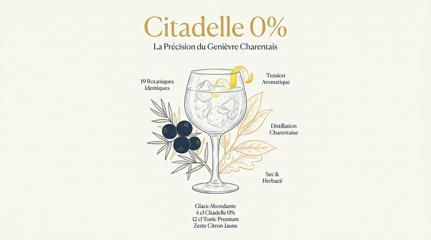 Bouteille de Citadelle 0% entourée de baies de genièvre et zestes de citron