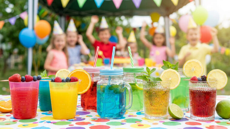 Plusieurs verres de cocktails colorés sans alcool sur une table décorée avec des enfants en fête en arrière-plan.
